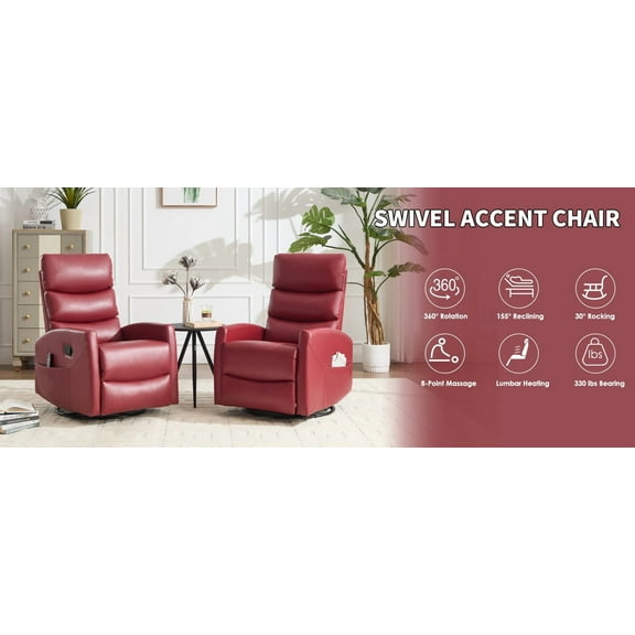 Red Fabric Swivel & Rocking Recliner Chair with Heat Massage, 360° Rotation, 155° Recline, Lumbar Heat, Easy Assembly for Living Room