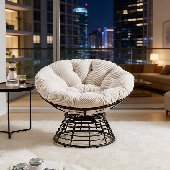360° Swivel Saucer Chair, Plush Corduroy Lounge Chair for Living Room Bedroom Office, Modern Round Accent Chair with Metal Wire Frame