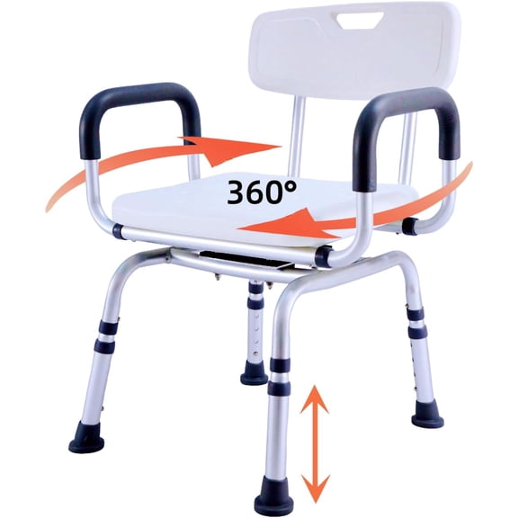 360°Swivel Shower Chair for Inside Shower, Shower Seats for Seniors with Arms and Back, Height Adjustable Tub Transfer