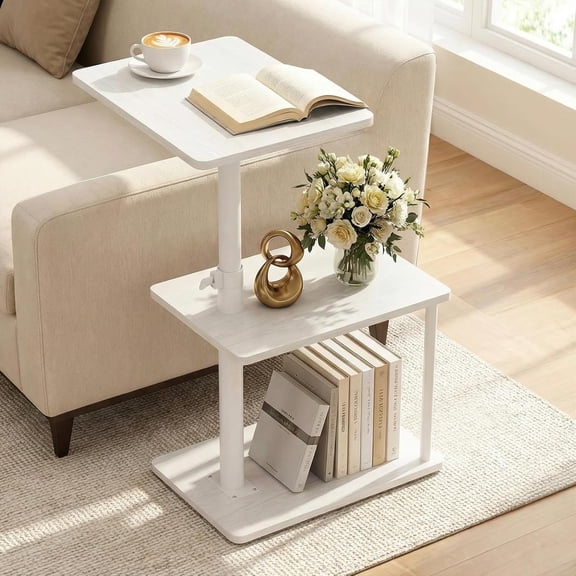 360° Swivel Side Table for Height Adjustable, C Shaped End Table for Couch with Storage, 3-Tier Night Stand with Open Shelf, Tv Tray for Small Spaces, Living Room, Bedroom, White