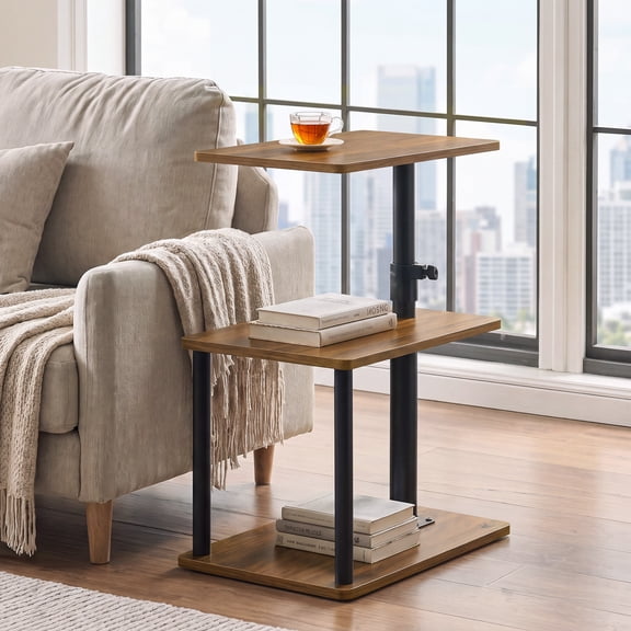 360° Swivel Side Table for Height Adjustable, C Shaped End Table for Couch with Storage, 3-Tier Night Stand with Open Shelf, Tv Tray for Small Spaces, Living Room, Bedroom