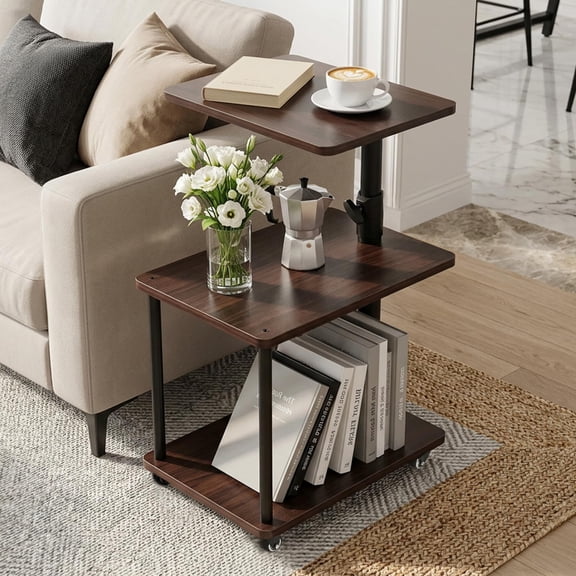 360° Swivel Side Table With Storage  Height Adjustable Smooth-rolling Wheels C-shaped End For Couch/sofa Recliner Living Room Black Walnut-look