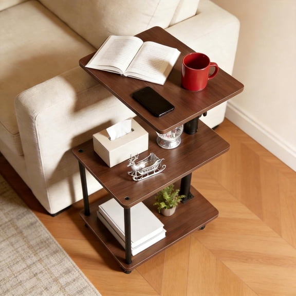 360 Swivel Side Table with Storage, Height Adjustable, Smooth-Rolling Wheels, C-Shaped End Table for Couch/Sofa, Recliner, Living Room, Walnut-Look