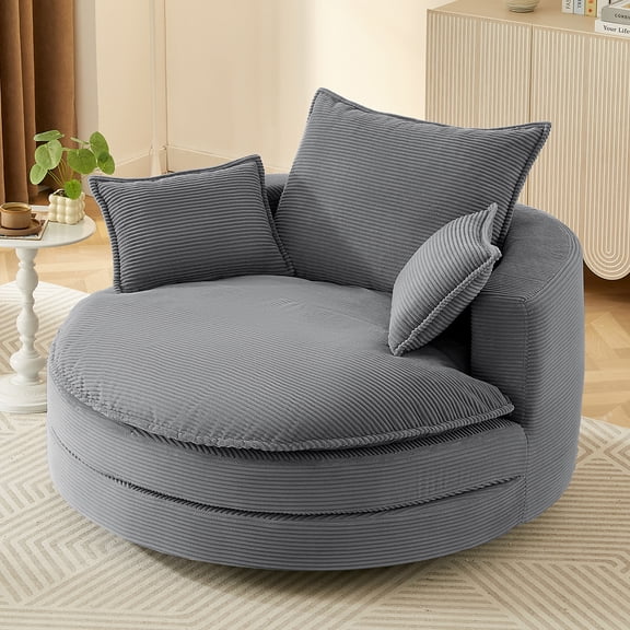 360 Swivel Sofa Chair Accent Barrel Chair 57.5" Swivel Round Chair with Dual-layer Cushion Design and 3 Removable Pillows for Living Room, Bedroom, Office and Hotel, Grey