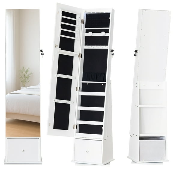 360 Swivel Standing Jewelry Armoire & Full-Length Mirror Cabinet with 3-in-1 Storage (Shelves/Drawer), In-Cabinet LED Lighting, Polish Finish Freestanding Jewelry Organizer, Easy Assembly