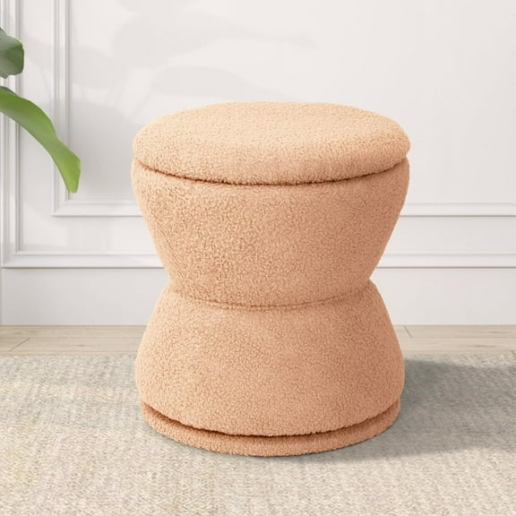 Round Ottoman with Storage, Swivel Boucle Ottoman Vanity Stool, Upholstered Footstool with Storage Removable Lid, Modern Round Footrest Coffee Table for Living Room, Dorm, Makeup Room, Coral