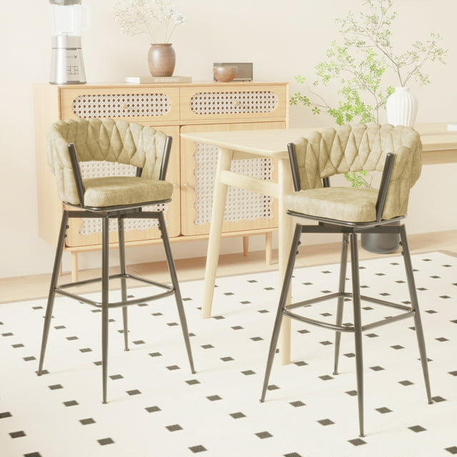 360 Swivel Upholstered Counter Stool with Black legs Barstools No Adjustable, Modern Suede Woven Bar Stools with Black Metal Footrest and Base, for Bars, Dining Room, (Light Brown)