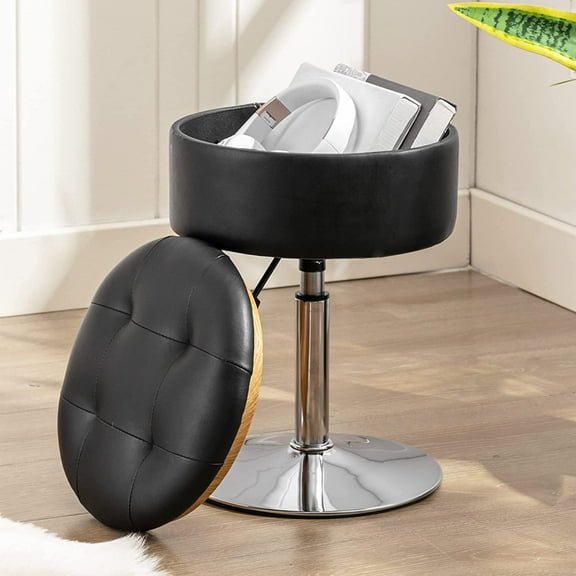 360°Swivel Vanity Stool Chair for Makeup Room, Height Adjustable Stool for Vanity with Storage, Small Black Faux Leather for Bathroom, Living Room