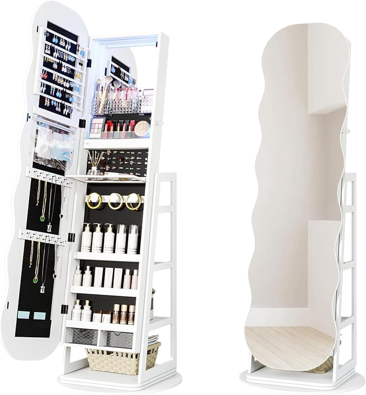 360 ° Swivel Wavy Full-Length Mirror with Storage Shelves,Jewelry ...