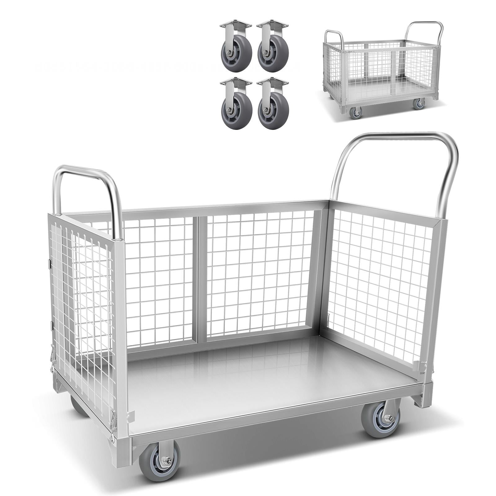 360° Swivel Wheels Wire Mesh Cage Hand Truck, Silver Steel 4-in-1 Detachable Utility Cart, 2200lbs Heavy Duty Push Dolly for Warehouse & Storage