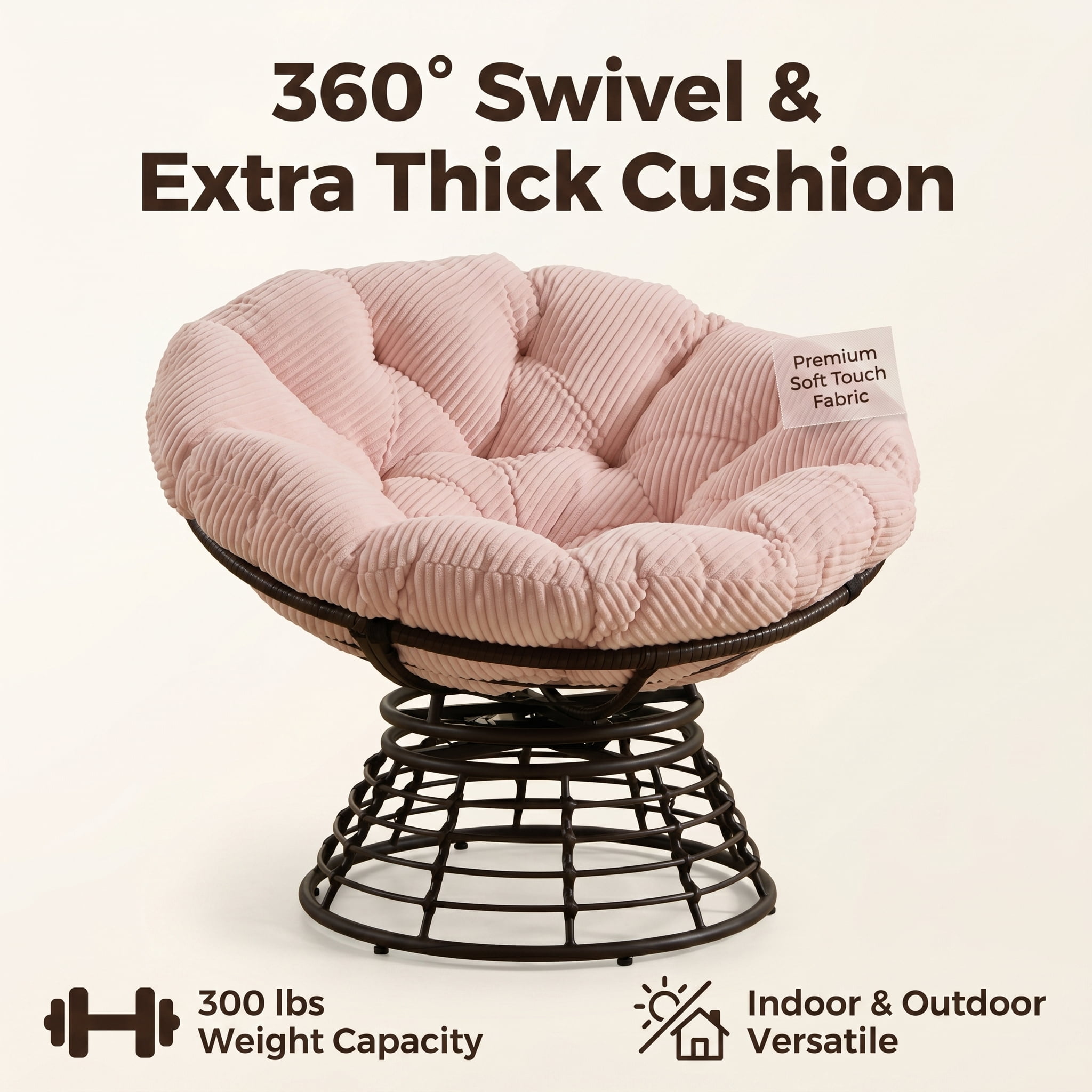 360° Swivel Wicker Papasan Chair with Ergonomic Over-Stuffed Cushion, Modern Rattan Saucer Chair for Living Room & Bedroom