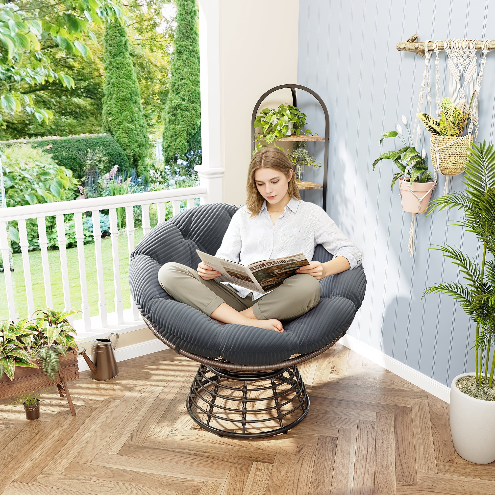 360° Swivel Wicker Papasan Chair with Ergonomic Over-Stuffed Cushion, Modern Rattan Saucer Chair for Living Room & Bedroom