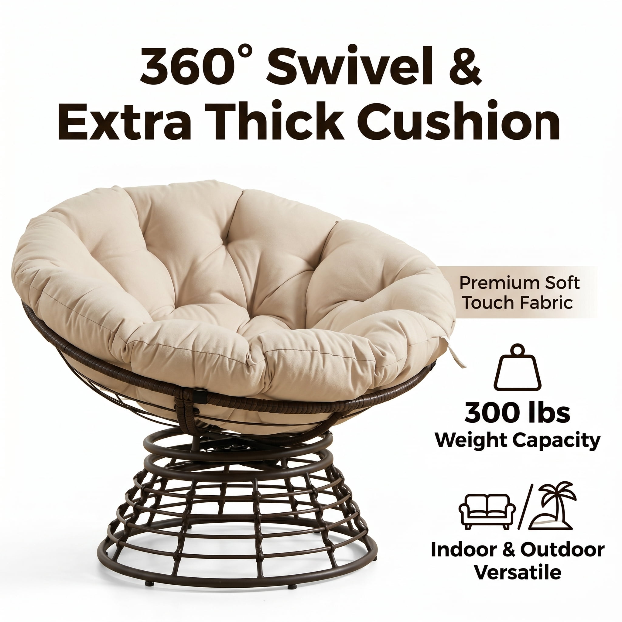 360° Swivel Wicker Papasan Chair with Ergonomic Over-Stuffed Cushion, Modern Rattan Saucer Chair for Living Room & Bedroom