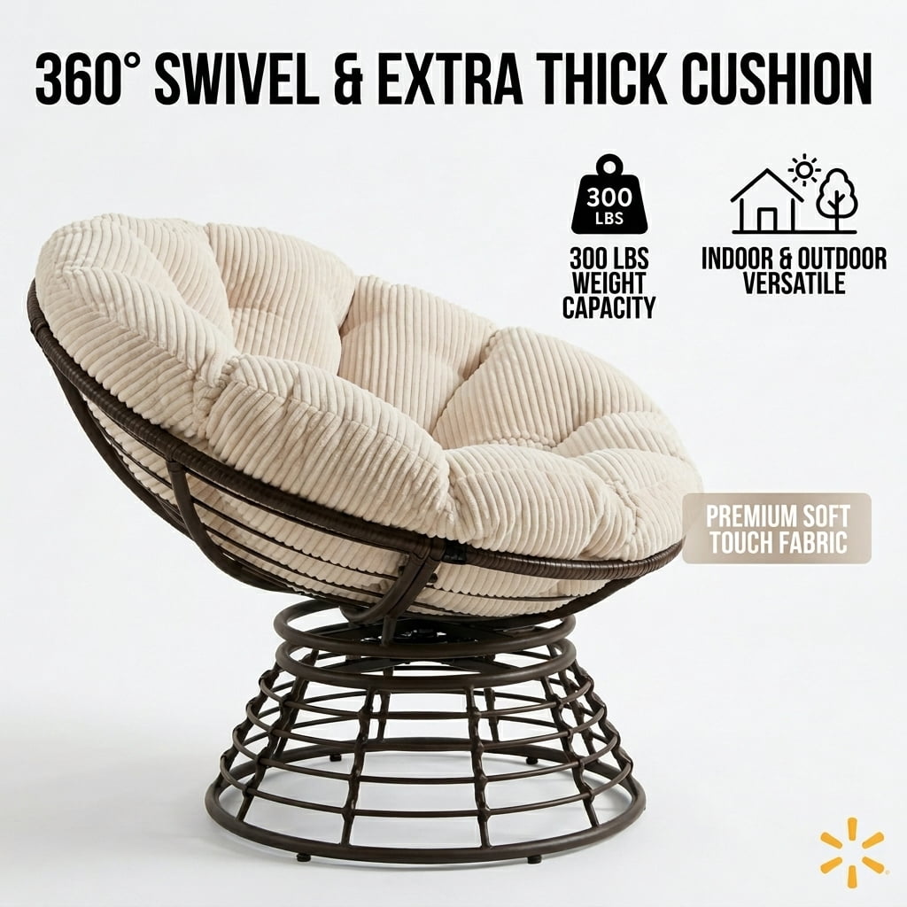 360° Swivel Wicker Papasan Chair with Ergonomic Over-Stuffed Cushion, Modern Rattan Saucer Chair for Living Room & Bedroom