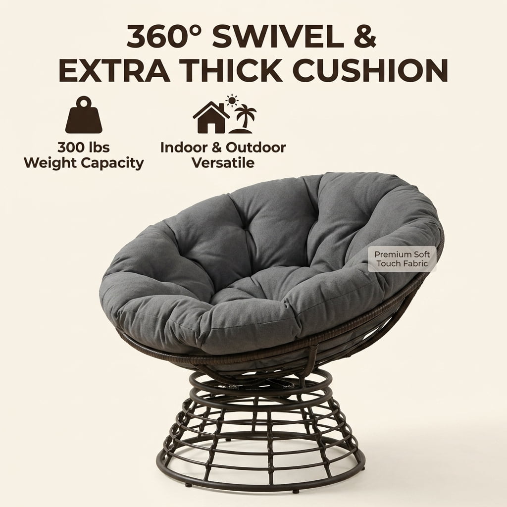 360° Swivel Wicker Papasan Chair with Ergonomic Over-Stuffed Cushion, Modern Rattan Saucer Chair for Living Room & Bedroom