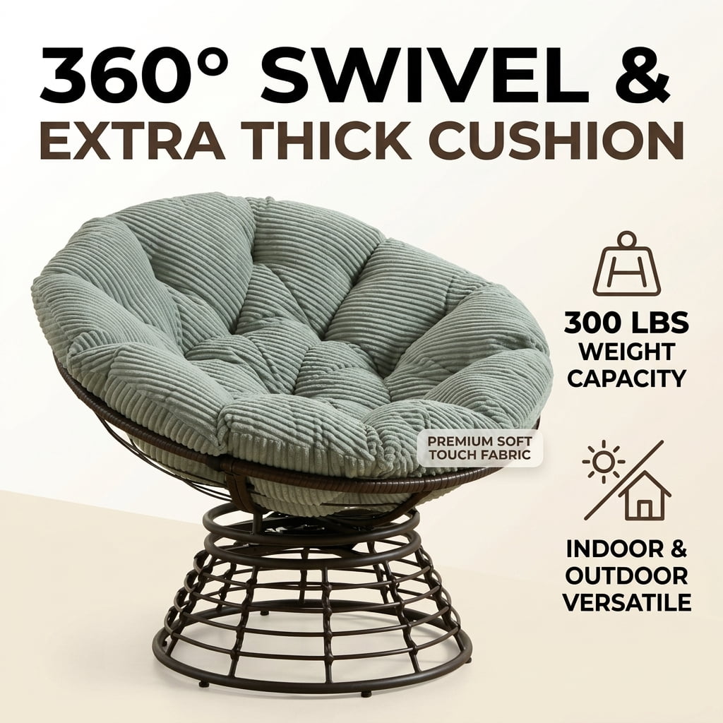 360° Swivel Wicker Papasan Chair with Ergonomic Over-Stuffed Cushion, Modern Rattan Saucer Chair for Living Room & Bedroom