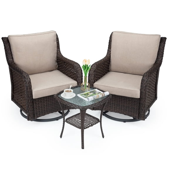 360° Swivel Wicker Patio Glider Rocking Chair 3-Piece Bistro Set, All-Weather Outdoor Furniture with 4 Inch Thick Cushions and Coffee Table for Porch Deck Balcony Backyard - Apricot