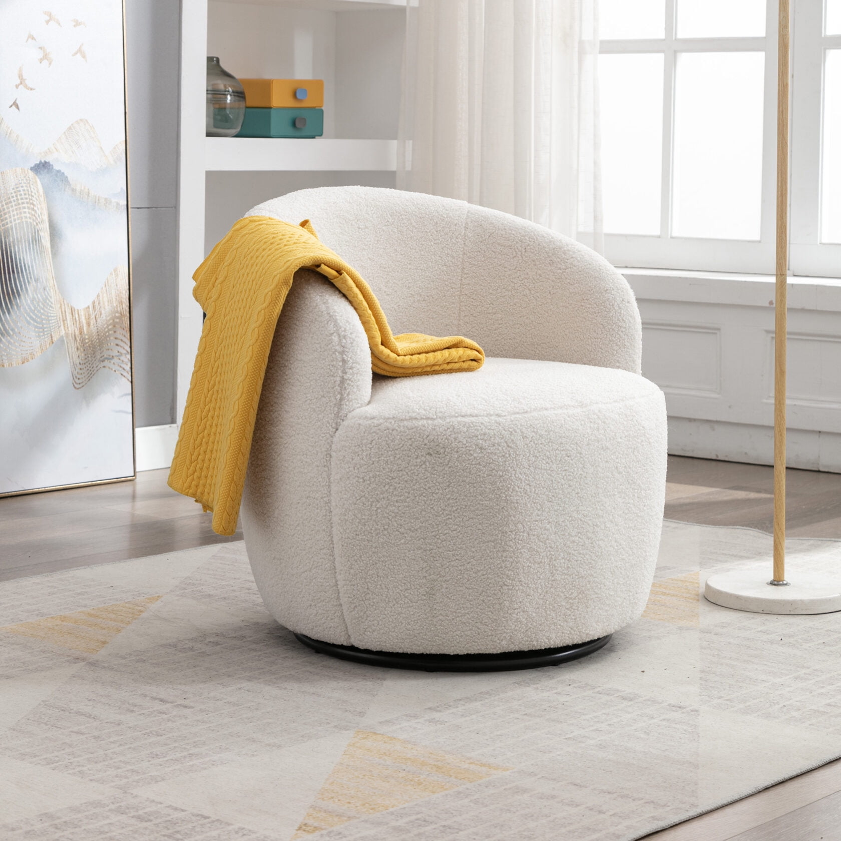 360 Teddy Swivel Chair Round Barrel Leisure Chair with Metal Circle Base and Wooden Frame Modern Accent Chair with Comfy Upholstered Seat and