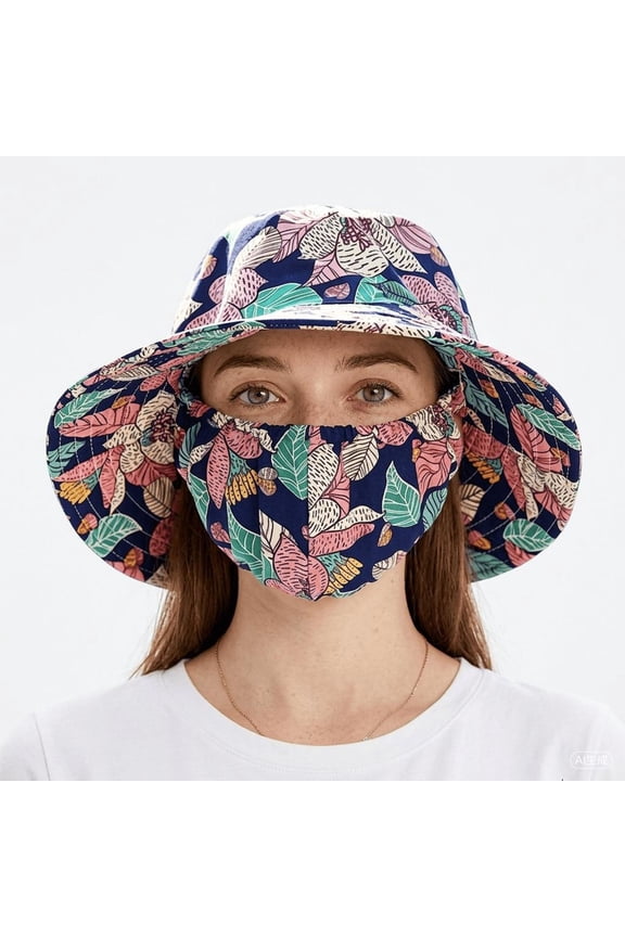 360 UV Protection Sun Hat with Attached Face Mask, Lightweight Foldable Floral Bucket Hat for Women