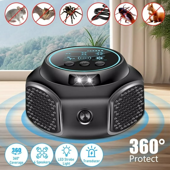 360° Ultrasonic Rodent Repelent Indoor, Electronic Pest Control Plug in for Mouse Mice Rat Squirrel Bat Roach Spider Ant Bugs Deterrent for Home, Kitchen, Office, Garage, Black