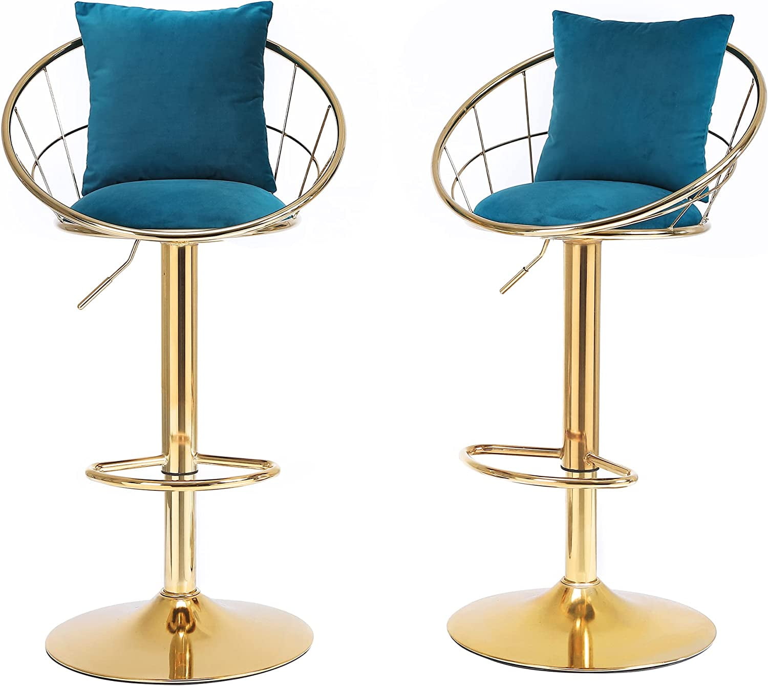 360° Velvet Bar Chair, Adjustable Counter Height Bar stools with Backrest and Footrest, Gold Bar ...