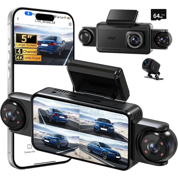 360?View 4   Ca, 5'' IPS Large Screen  Caera for , 4K+1080P Front and Rear Inside Left Right, -in IR Night Vision, 24H Parking ode, 64GB SD Card,  APP Transission