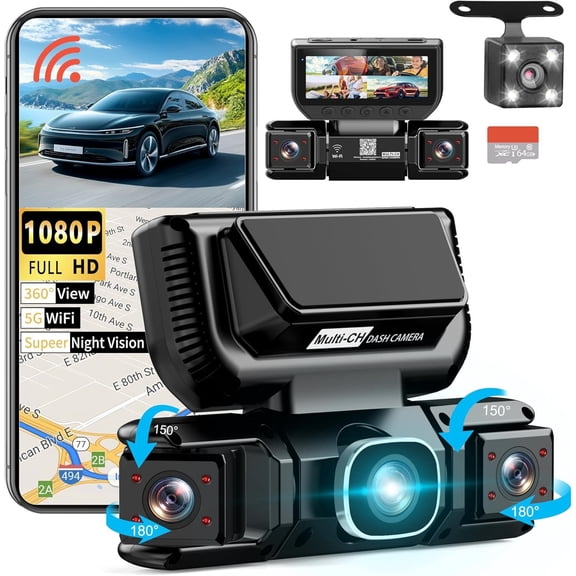 360 View 4 Cam 5G WiFi & APP Control, Front and Rear Inside, Left Right Camera for Free 64GB TF Card, G-Sensor, Night Vision, 24H Parking Mode