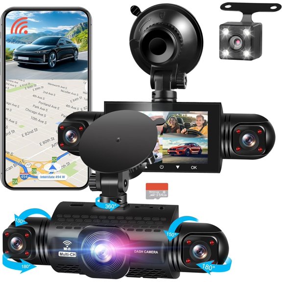 360 View 4 Cam 5G WiFi & App Control, Front and Rear Inside, Left and Right Camera for , Free 64GB TF Card, G-Sensor, Night Vision, 24-Hour Parking Mode
