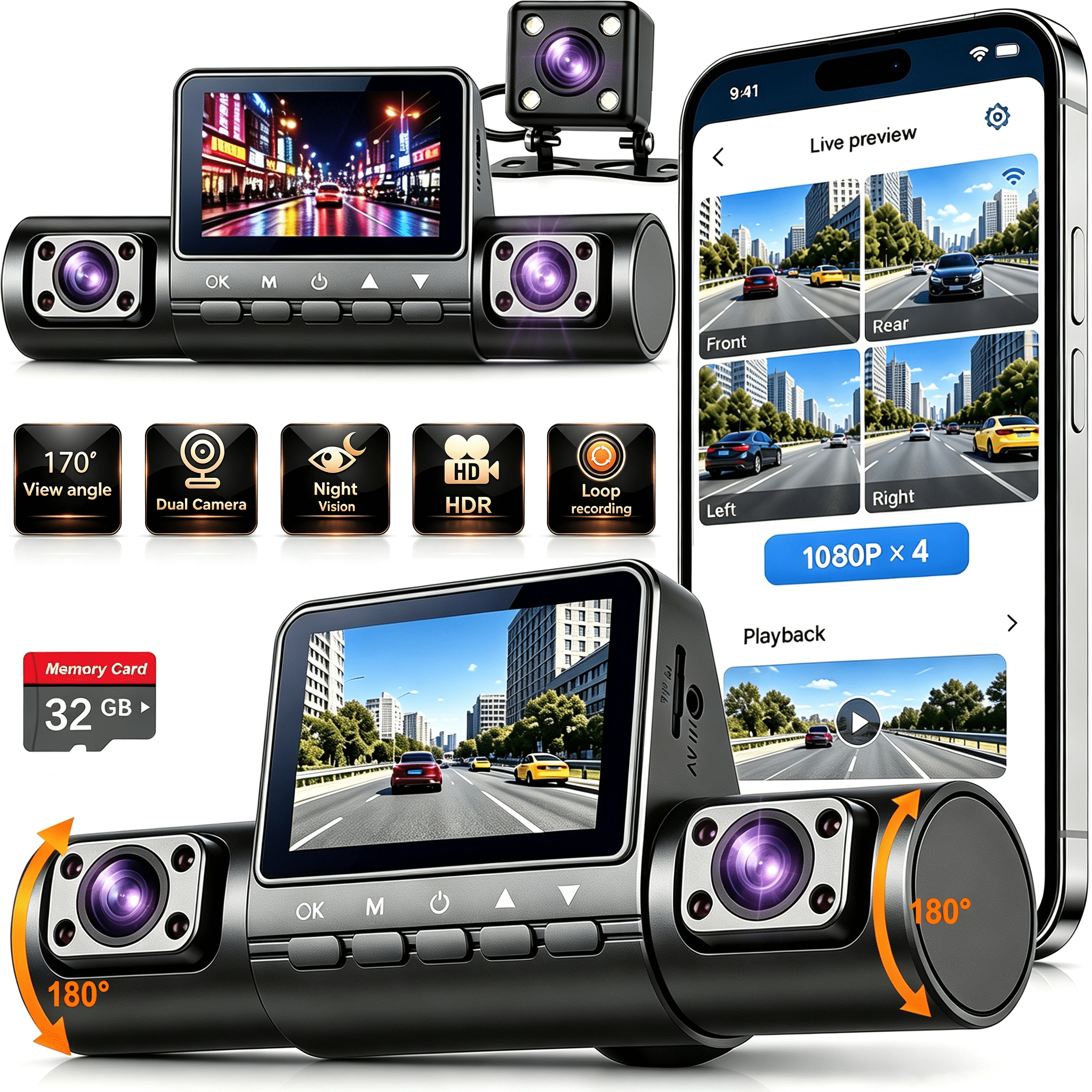 360 View 4 Channel Dash Cam Front Rear Left Right for Cars, WiFi Dash Camera with Included 32GB Card, 1080P Recording, Night Vision, G-Sensor, Loop Recording, Parking Monitor deal from Walmart