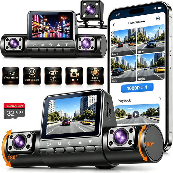 360 View 4 Channel Dash Cam Front Rear Left Right for Cars, WiFi Dash Camera with Included 32GB Card, 1080P Recording, Night Vision, G-Sensor, Loop Recording, Parking Monitor