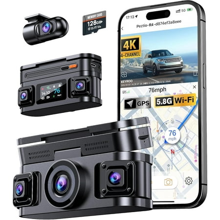 360° View 4K 4 Channel Dash Cam Front and Rear Inside Left Right, Built-in GPS, 5.8GHz WiFi, Car Camera for Cars with App Connect, Support Parking Mode, G-Sensor, Free 128GB Card