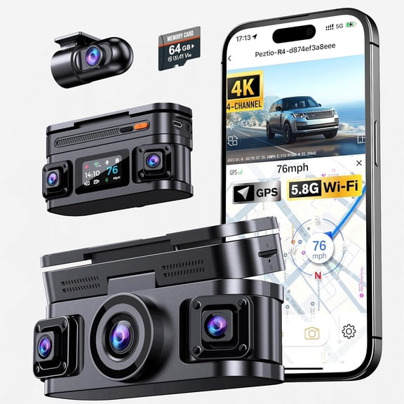360? View 4K 4 Dash Cam Front and Rear Inside Left Right, Built-in GPS, 5.8GHz WiFi, Dash Camera for with App Connect, Support Parking Mode, G-Sensor, Free 128GB Card