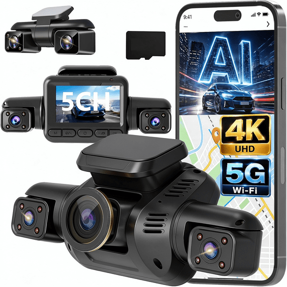 360° View 5 Channel Dash Cam Front and Rear, 4K Camera for Car
