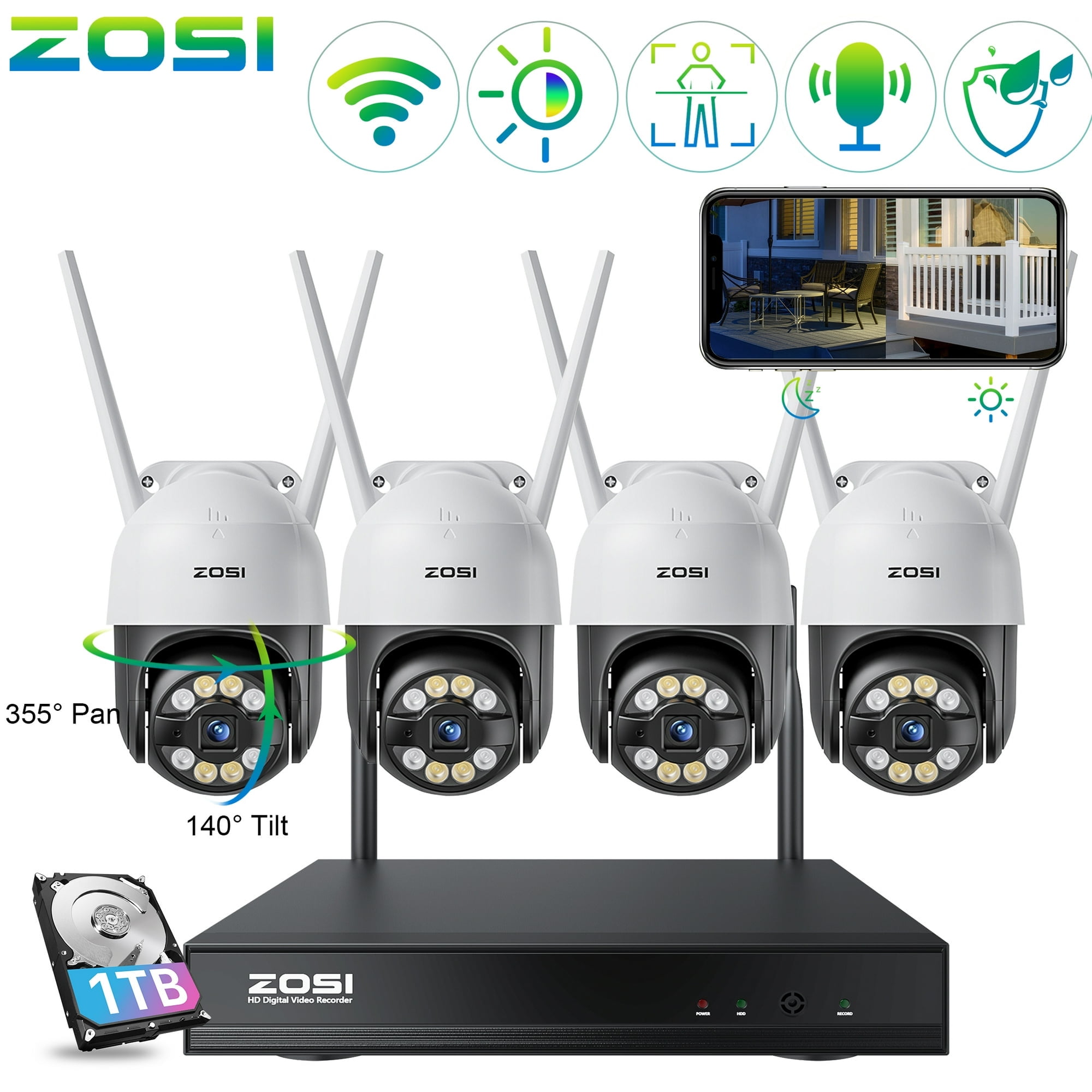 360 View PTZ Wireless Security Camera System, ZOSI 4Pcs 3MP Smart