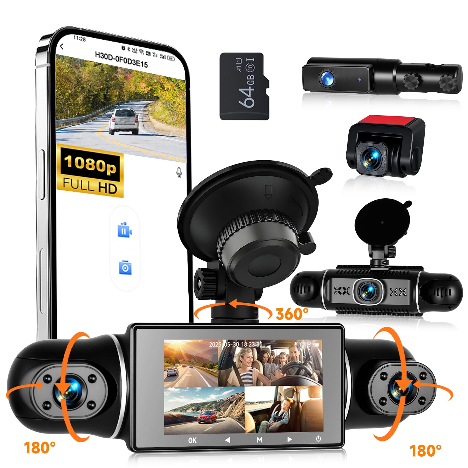 360°View WiFi Dash Cam with 5 Cameras, 4 Channel 1080P + 1080P Baby Car Camera, 3 Inch Dash Camera Built-in IR Night Vision/APP Control/Loop Recording/G-Sensor/24H Parking Mode, Free 64GB Card