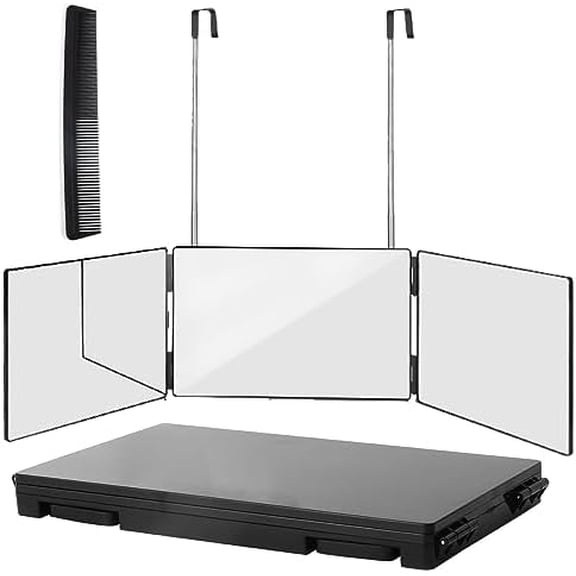 360° Viewing Mirror for Hair Cutting and Styling, Adjustable Height Mirror for Grooming, Makeup and Shaving, Clear HD Glass, Portable for Bathroom or Travel (Black)