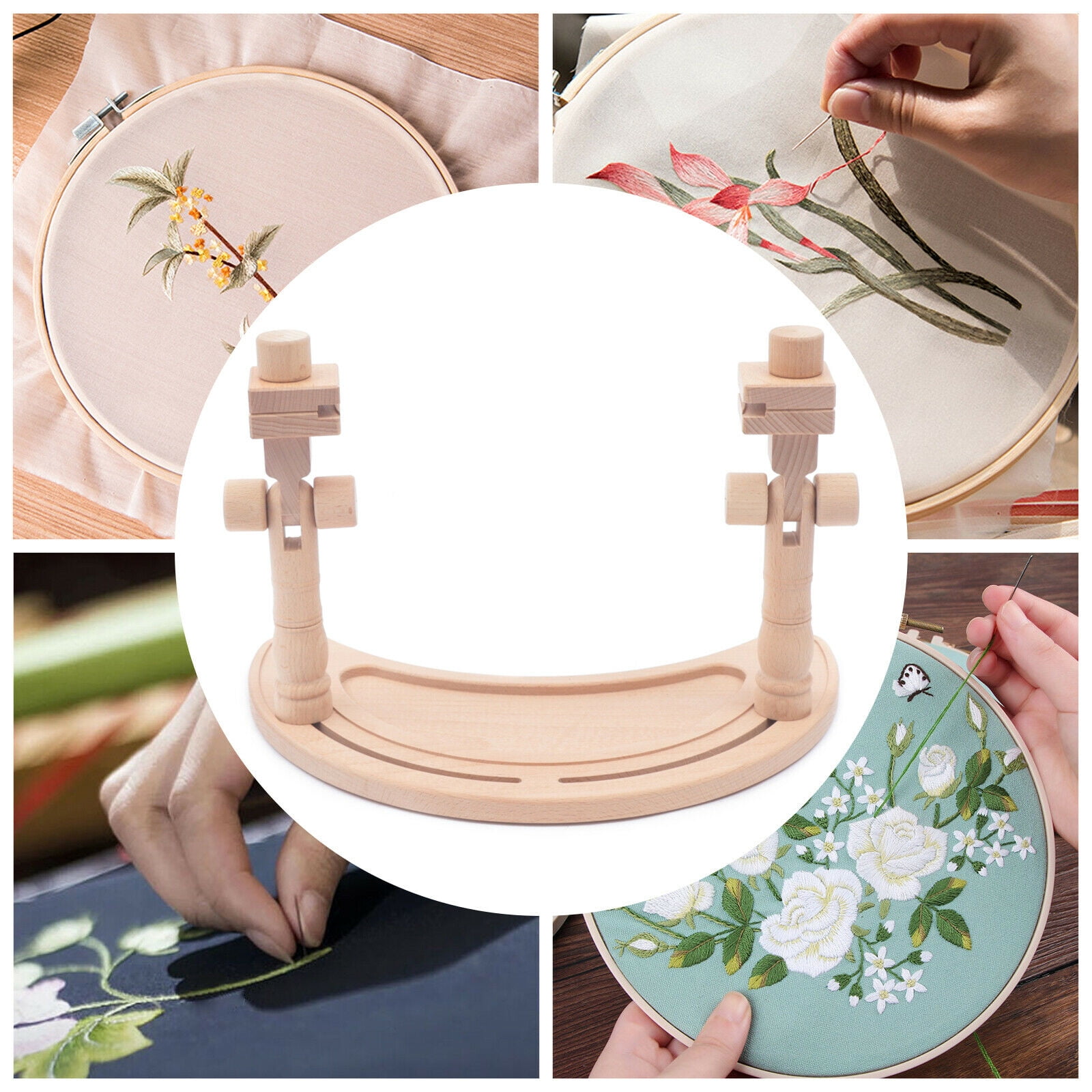 360° Wooden Embroidery Hoops Cross Stitch Rack Round Frames Desktop Stand DIY