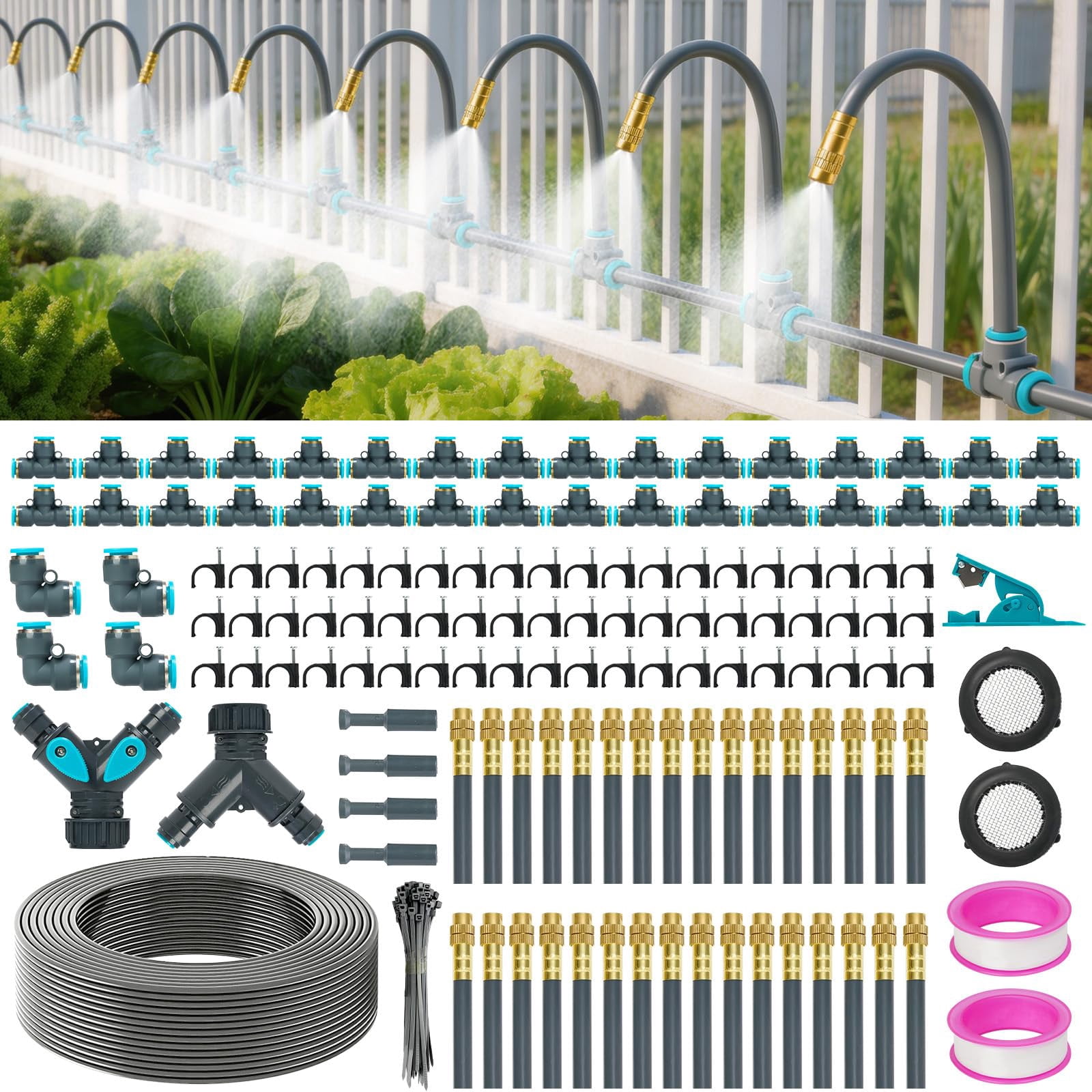 360°adjustable Drip Irrigation System 200ft 5/16" Extra Long Garden Watering Kit With 32 Copper Nozzles 141pcs Automatic Atomizing Plant Sprinkler For Large Yard  Greenhouse Lawn