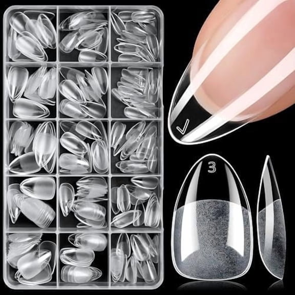 360 count Short Almond Tips, 15Sizes Almond Nails Tips Clear Press Nails Soft Gel False Full Cover Half Matte Nails for Extensions DIY Art