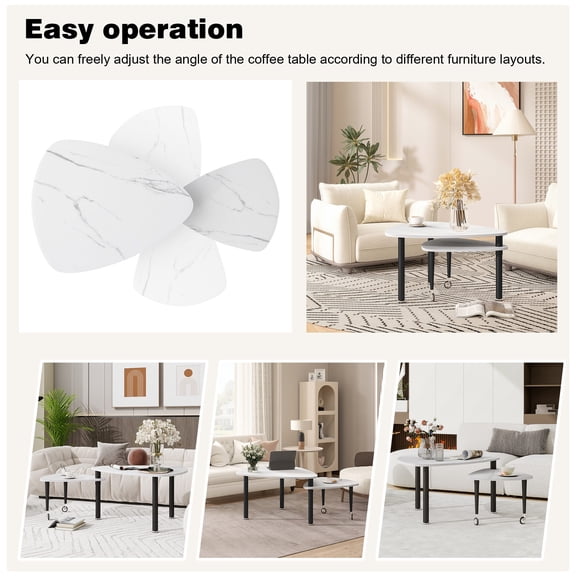 360 degree roratable White Sintered Stone Top Rotatable modern Coffee Table for Living Room, rock slabs tabletop with solid wood legs Cocktail Table, Rotating Modern Apartment Wood Furniture