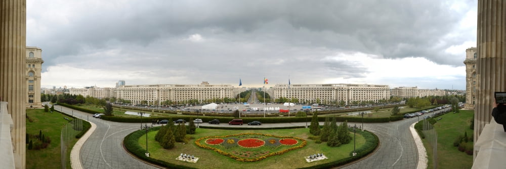 360 degree view of Nicolae Ceausescus palace (now Romanias parliament building) Bucharest Romania Canvas Art - Panoramic Images (12 x 36)