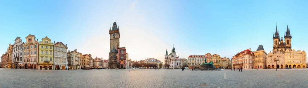 360 degree view of Old Town Square at sunset Prague Bohemia Czech Republic Canvas Art - Panoramic Images (27 x 9)