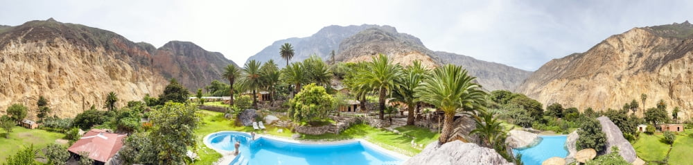 360 degree view of The Oasis at Sangalle at the bottom of Colca Canyon near Cabanaconde Peru South America Canvas Art - Panoramic Images (36 x 12)