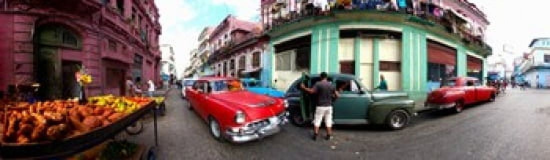 360 degree view of old cars and fruit stand on a street Havana Cuba Canvas Art - Panoramic Images (15 x 5)
