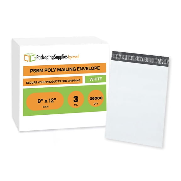 PSBM 36000 PCS 3 Mil 9 x 12 Inch White Poly Mailers, Self-Sealing Peel-Off Strip, Waterproof, Tear Resistant, Shipping Bag for Cloths, Documents, Books, Gifts, Jewelry and Non-Fragile Items