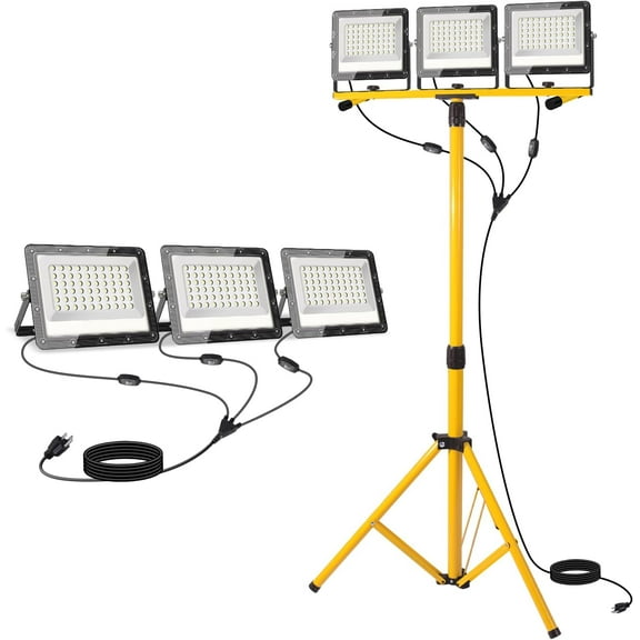 36000Lumen LED Work Lights with Stand - 3 Head Foldable Stand Work Light with 16FT Cord - IP67 Waterproof Tripod Lights for Outdoor Indoor Job Site Workshop Garage Construction Site Lighting