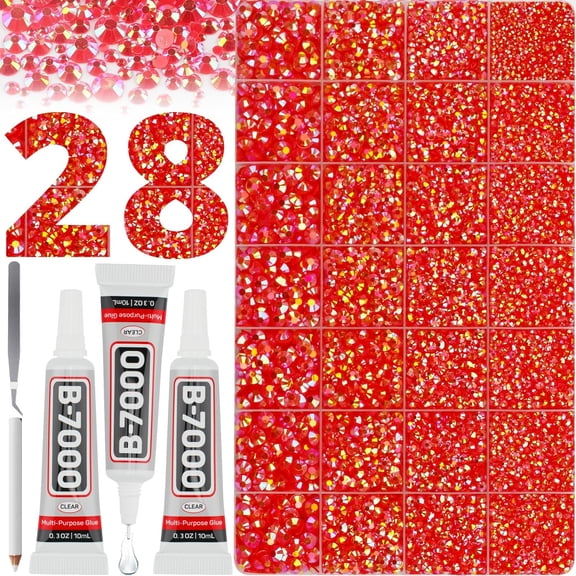 36000Pcs Red AB Rhinestones for Bedazzling, Assorted Sizes 2-6mm Flatback Gems Bedazzler Kit with B7000 Glue, Flat Back Resin Gemstone Jewel Diamond Crystal Rhine Stone Gemstone for Crafting Clothes