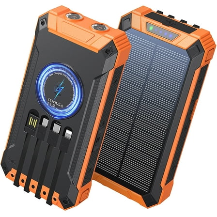 36000mAh Solar Power Bank 15W Fast Charging with Cables & Wireless Charger, Solar Charger Compatible for iPhone & Android Phone