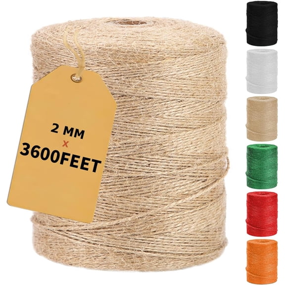 3600Feet Natural Jute Twine String, Bulk Hemp Jute Rope Cord Twine for Crafts Gardening, Gift Wrapping, Arts & Crafts, Wedding Dcor, Packing Material Burlap Ribbon
