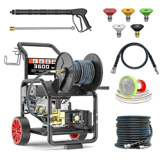 3600PSI Gas Pressure Washer with Hose Reel, One-Button Start 212cc 7HP 4-Cycle Engine, 3.3 GPM Heavy Duty Power Washer with 50FT 3/8" Hose, Spray Gun & Wand, 5 Quick Connect Nozzles